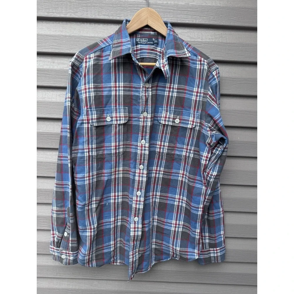 VTG 90s Polo Ralph Lauren Shipyard Supply Flannel Blue Shirt Large Loop Collar